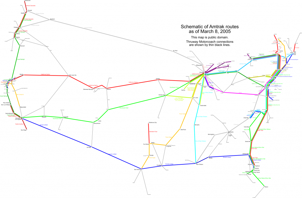 Amtrak Routes (2005) Motorcoach are thin black lines